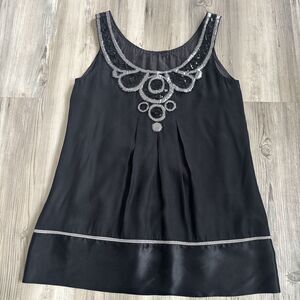 Yoana Baraschi Black Silver 100% Silk Embellished Collar Tank Top Blouse Size M